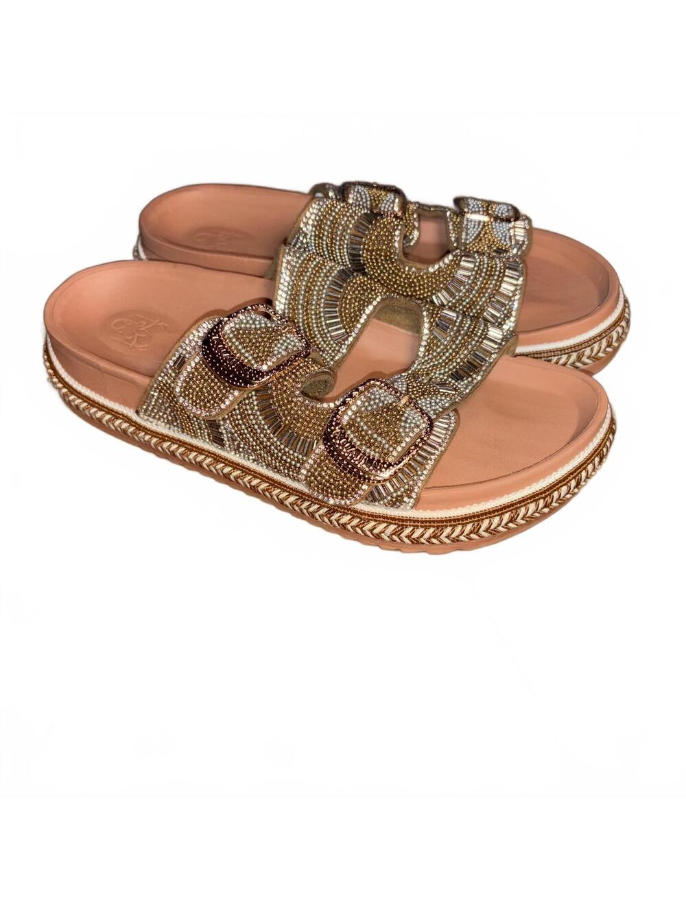 KuaiLu Women’s Embellished Platform Slide Sandals Size 8 Bronze Gold Tan Summer